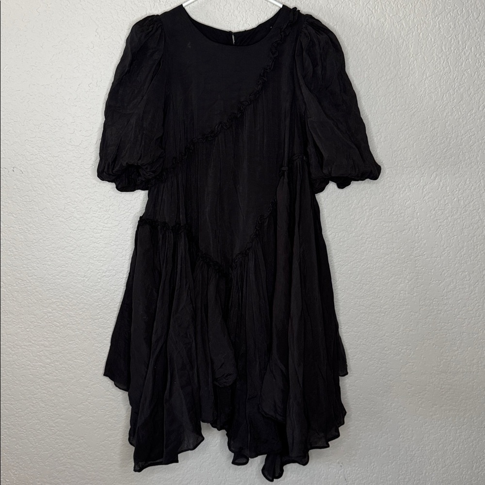 Sofie the Label Izzy Asymmetrical Mini Dress Black Small Puff Sleeve - Picture 2 of 8